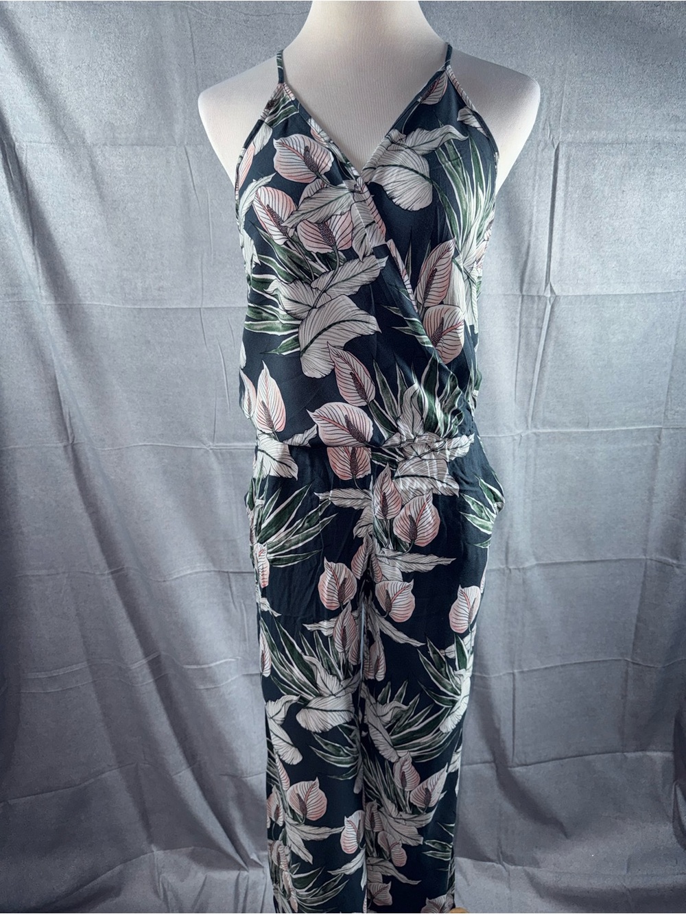 2492-On The Road Black Floral Wrap-Front Jumpsuit with Pink & Green Leaves